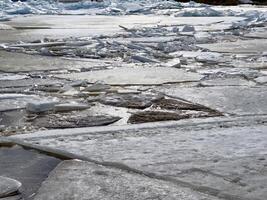 Close-up view of melting ice and snow revealing water and rocks beneath, a sign of seasonal change. photo