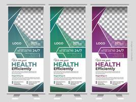 Clean and modern medical roll up banner design in three color variant vector