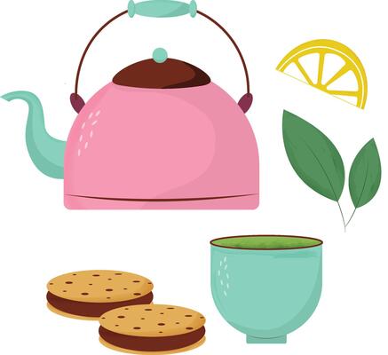 Set with pink cartoon teapot, cookies and cup of tea