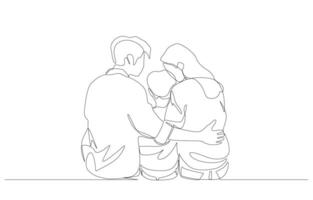 Continuous one line drawing of father and mother sitting and hugging son from rear view, parenting and family concept single line art. vector