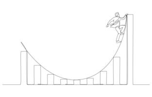 Continuous one line drawing of businessman climbing curve on recovery bar graph, business recovery concept, single line art. vector