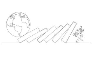 Continuous one line drawing of businessman running away from falling dominoes from earth attack, loss of business due to global recession concept, single line art. vector