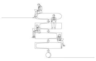 Continuous one line drawing of employees working and sitting on workflow diagram, team workflow concept, single line art. vector