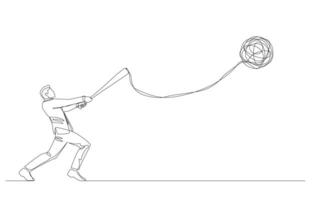 Continuous one line drawing of businessman hitting ball of messy line further away, coping with stress at work, eliminating anxiety in business problem concept single line art. vector