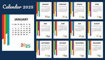 minimalista estilo mensual calendario modelo para 2025 año. Inglés calendario. semana empieza en domingo. conjunto de 12 meses. sencillo diseño con de colores rayas, tipográfico elementos. vector