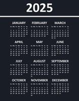 Calendar in a Minimalist Style for 2025 Year. Week Starts on Sunday. Business Calendar on Black Background, Template. vector