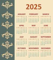 Calendar in a Minimalist Style for 2025 With Baroque Ornaments. The Week Starts on Sunday, Template. vector