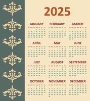 Calendar in a Minimalist Style for 2025 With Baroque Ornaments. The Week Starts on Sunday, Template. vector