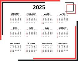 Calendar 2025 in a Minimalist Style. The Week Starts on Sunday. Annual Calendar 2025 Template. Business Calendar. vector