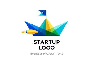 Design template of colorful paper boat with inscription Startup Logo vector