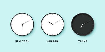 Set of day and night clock for time zones different cities. Black and white watch on a mint background vector