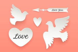 Set of paper objects, heart, pigeon, bird, arrow vector