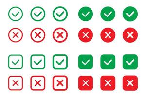 Right or wrong icons. Green tick and red cross checkmarks in circle flat icons. Yes or no symbol, approved or rejected icon for user interface. vector