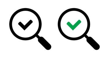 Magnifying glass with green or black check tick icon. For concepts of research, results found, success, reviews or examination, discovery. vector