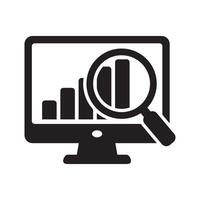 Screen with bar chart and loupe icon, computer monitor with report icon, online monitoring icon. Analysis concept. vector