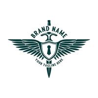 shield logo design, sword and wings symbol for security and protection team vector