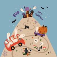 Cute Halloween party map. Funny poster with happy pumpkin, truck, creepy ghosts in bus, skeleton, haunted house, black cat, gravestone, bat. October holiday invitation, card, kids illustration. vector