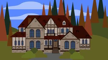 grande familia casa en tudor estilo. detallado plano ilustración de un antiguo tradicional Roca edificio. hermosa acogedor país inmuebles en el bosque. para un construcción compañía, viaje agencia, alquiler. vector