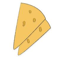 Perfect triangular sliced yellow hard cheese with holes. Simple linear flat icon, element for design, clipart, sticker. Illustration for cookbook, icon for farm shop website with homemade food. vector