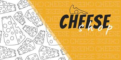 Stylish design for a banner, advertisement or sign of a cheese shop. Trendy yellow color. Minimalist and concise linear illustration of cheese. A variant of the text logo for the store. vector