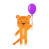 A little cartoon tiger stands with a purple balloon. Cute wild animal vector