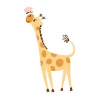 Cute cartoon baby giraffe playing with butterfly. Stylized pastel flat illustration for nursery decor. Poster design for children bedroom. Cool print for kids clothes, greeting card on baby shower. vector