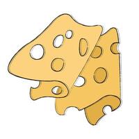 Appetizing beautiful piece of yellow hard royal cheese with big holes. Slicing cheese for a beer, wine plate. Simple icon with food for menu, brochure, website, advertising. Hand drawing, doodle, flat vector