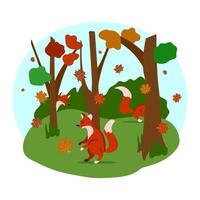 acogedor linda brillante ilustración para para niños libro acerca de salvaje animales gracioso zorros correr y jugar en el otoño bosque. imágenes para enciclopedias, hada cuentos, guardería habitación, cuarto de jugar, para niños póster vector