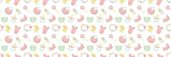 Cute seamless pattern for babies. Simple endless print with baby items for nursery design. Collection of objects for newborns. vector