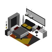 elegante frio moderno dormitorio en isométrica perspectiva. minimalista hogar comodidad y comodidad. negro, gris, blanco colores en un contemporáneo interior. un habitación en escandinavo europeo estilo. compacto alojamiento vector