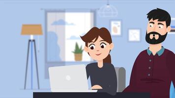 wenig Mädchen Arbeiten auf Computer mit ihr Vater 2d Animation video