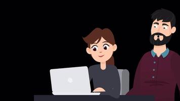 pequeño niña trabajando en computadora con su padre en alfa canal 2d animación video