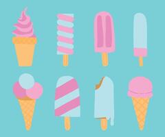 Assorted pink and white ice cream and ice cream on stick illustrations in pastel tones, perfect for summer dessert themes, on a light blue background. vector