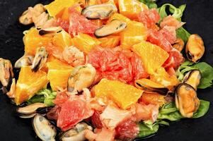 Mussel salad, salad with seafood. photo