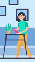 un mujer limpia el casa 2d animación vertical video