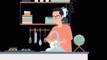 A Man Washes the Dishes 2D Animation On Alpha Channel video