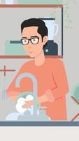 ein Mann wäscht das Geschirr 2d Animation Vertikale video