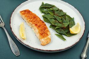 Grilled salmon with vegetable garnish. photo