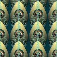 Abstract, geometric peacock gold feather motif on an emerald green background, pattern vector