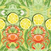 , seamless pattern of green fresh salad, sour lemon and crab gifted by the sea. vector