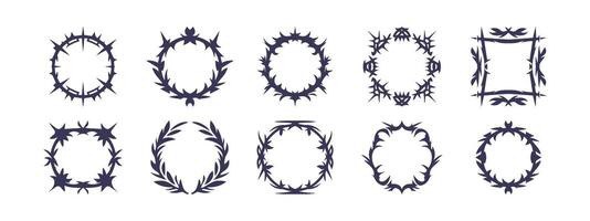 Set of cyber sigilism frame neo tribal elements with sharp spikes circle shapes hand drawn illustration vector