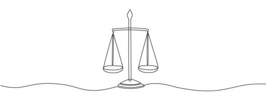 Continuous drawing of a single editable line of scales with bowls. Simplified scales of justice icon. Symbol of balance, legal law. illustration vector