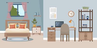 Interior of a bedroom and study. Cozy bedroom. Bright room with a double bed and a study. vector