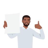 Young black man holding blank banner. Man show thumb up. vector