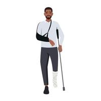 Young man with a broken arm and leg in a cast with a crutch and a fixing collar around his neck. vector