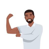 Young black man showing and flexing biceps muscles concept. vector