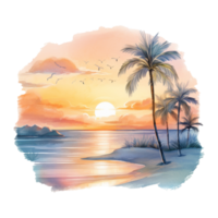 hermosa playa puesta de sol aislado detallado acuarela mano dibujado pintura ilustración png