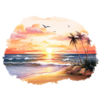 hermosa playa puesta de sol aislado detallado acuarela mano dibujado pintura ilustración png