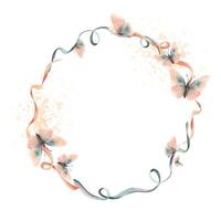 Flying butterflies, delicate, elegant in peach fuzz and turquoise colors with satin writhing ribbons. Realistic hand-drawn watercolor illustration. Round frame, wreath isolated from background. vector