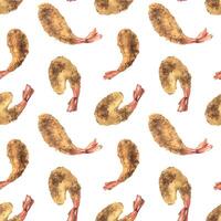 Fried shrimp, tempura of different shapes on a white background. Watercolor illustration. Seamless pattern from the SHRIMP collection. For decoration and design of menus, recipes, paper, packaging vector